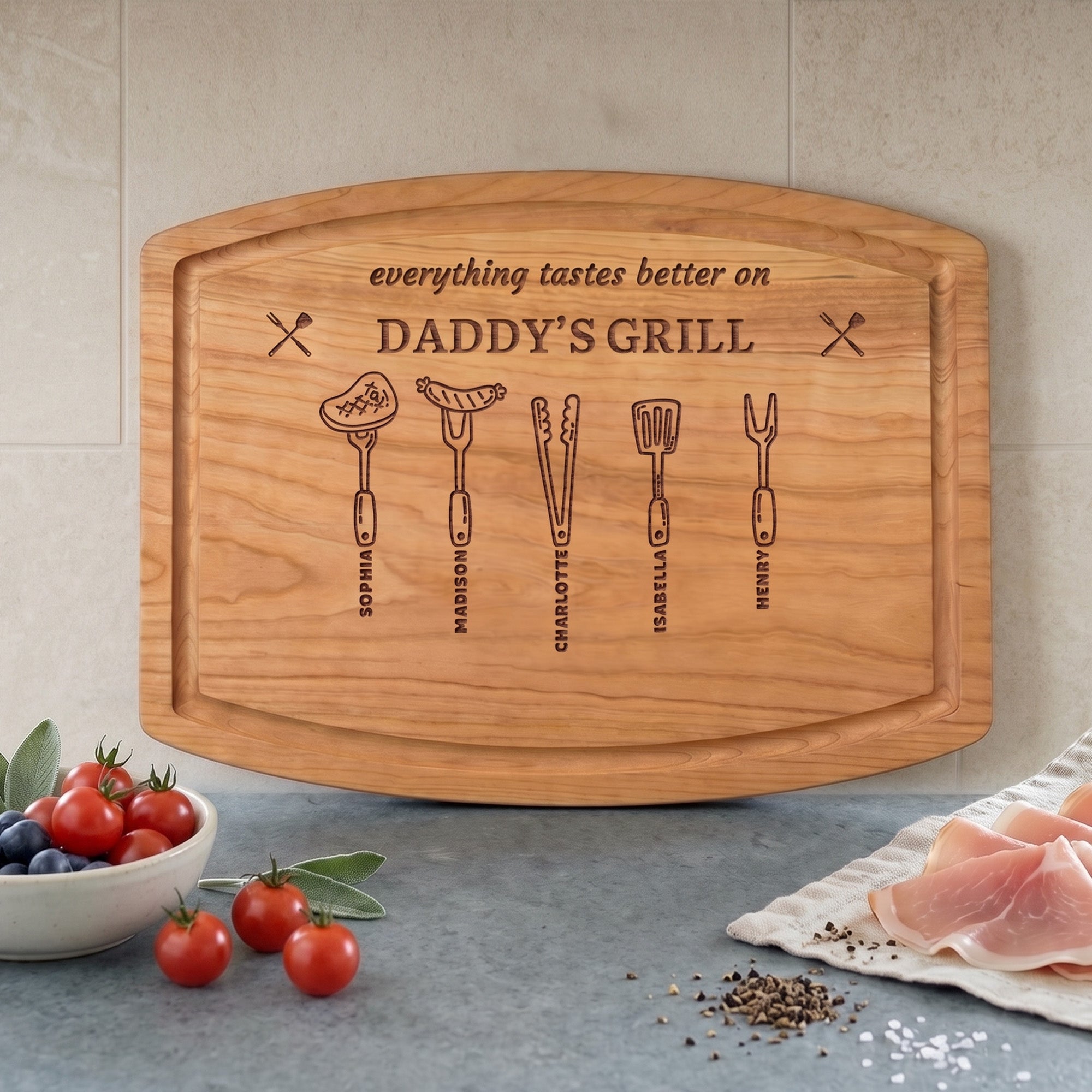Tabla de cortar curvada grabada con tema de cocina personalizada con nombre Regalo de cumpleaños del Día del Padre para papá