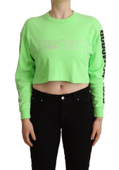 Women's Mint Green Printed Long Sleeves Cropped Top Sweater Cotton
