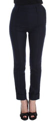 Women's Blue Virgin Wool Slim Fit Casual Pants