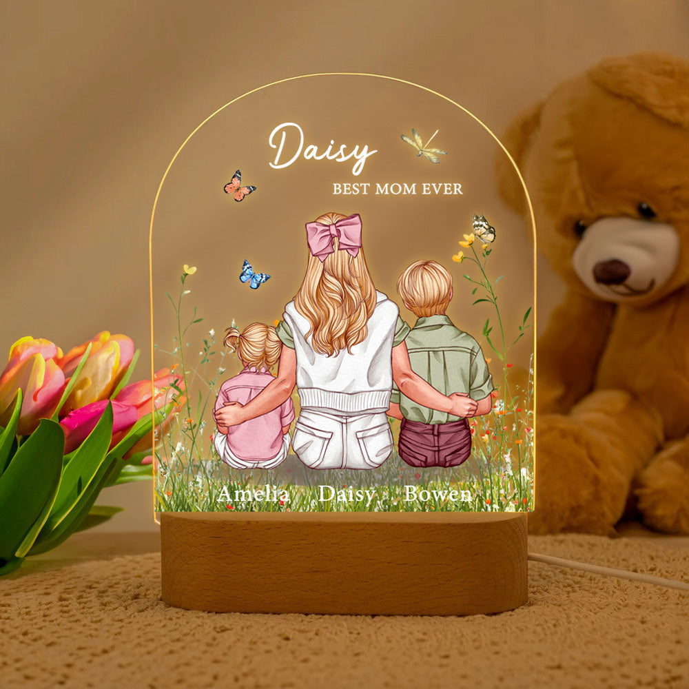 Lámpara de noche LED personalizada Best Mom Ever Watercolor Family Embrace con base de madera Decoración para el hogar Regalo de cumpleaños para mamá el Día de la Madre