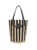 Valentino Garavani Striped Raffia Bucket Bag — Black