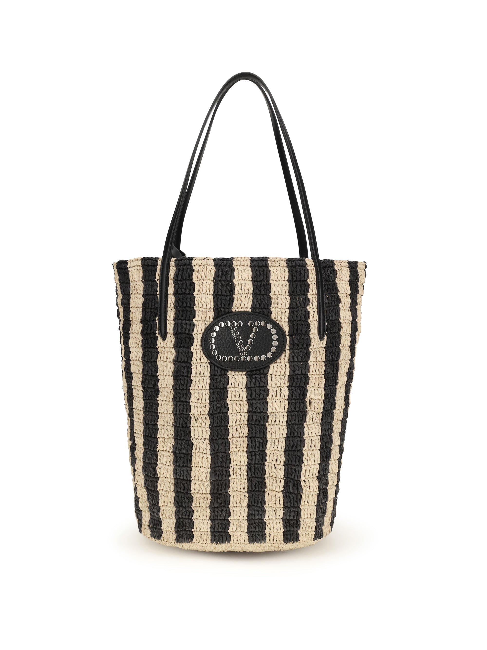 Valentino Garavani Striped Raffia Bucket Bag — Black