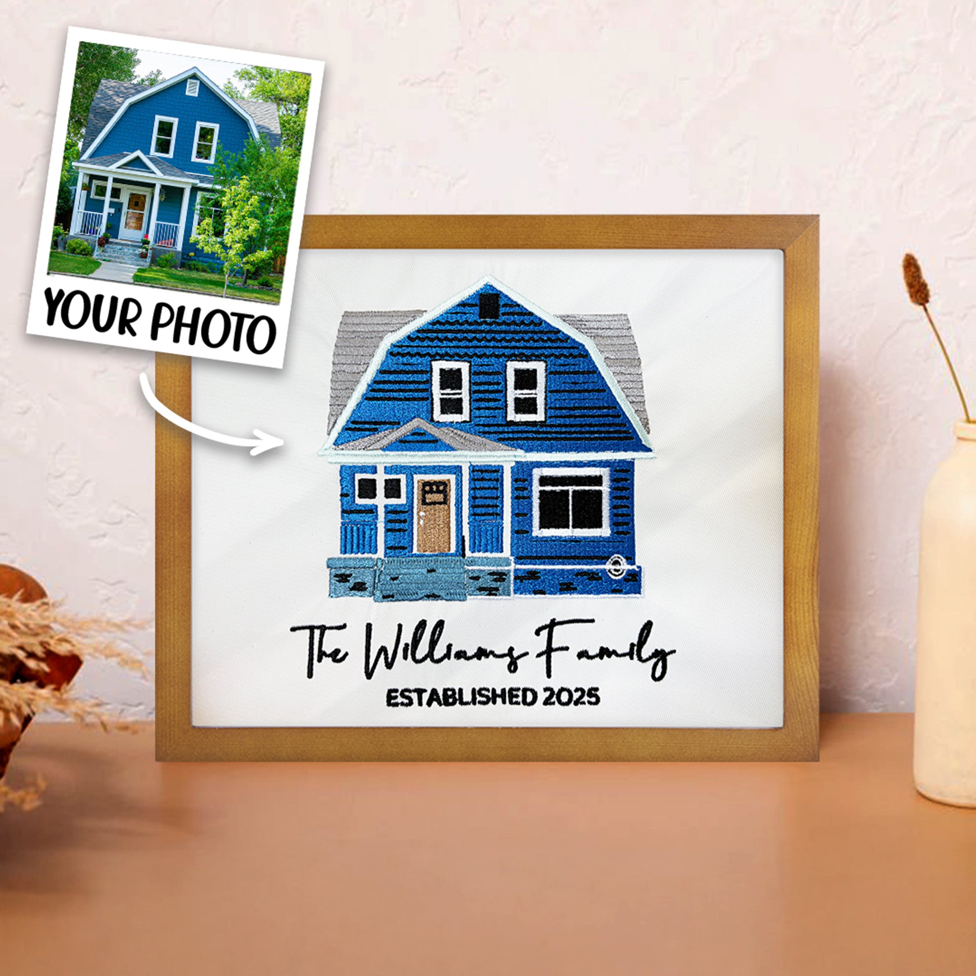 Bordado personalizado Casa Marco de fotos con texto Fecha Dormitorio Decoración Boda Housewarming Navidad Regalo para la Familia Amigos
