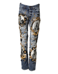Men's Blue Ripped Embellished Cotton Denim Jeans Clothing