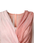 Women's Pink Silk Tulle Long Sleeve V-Neck Dress