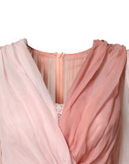 Women's Pink Silk Tulle Long Sleeve V-Neck Dress