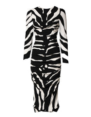 Women's Black White Zebra Viscose Sheath Midi Dress And 05+vi