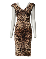 Women's Brown Leopard Sleeveless Sheath Midi Dress 05+se