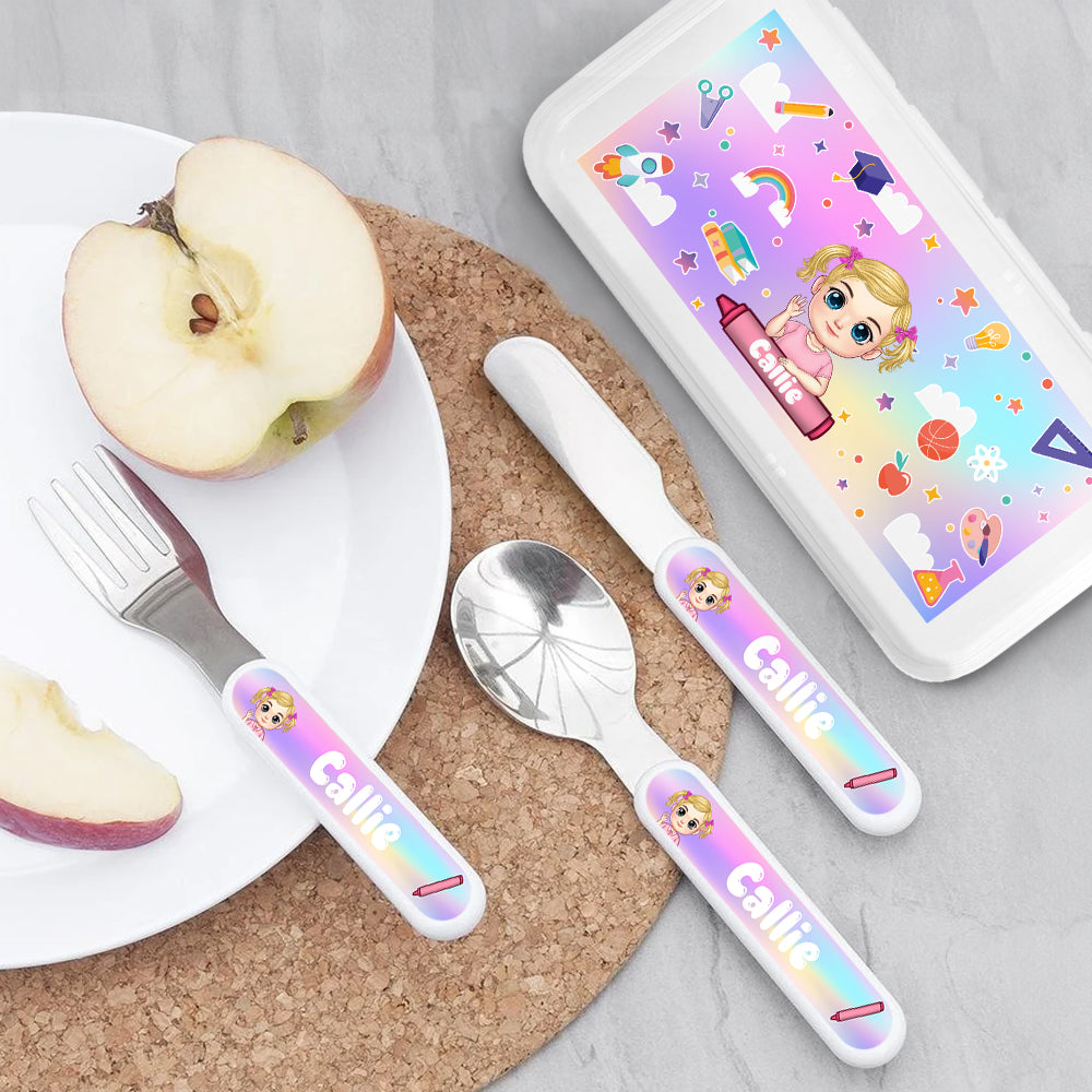 Juego de 3 cubiertos de acero inoxidable personalizados con nombre y estuche Regalo de cumpleaños de vuelta al cole para niños