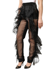 Women's Tulle-Trim Wool Trousers Black