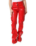 Women's Red Glossy Polyester Cargo Boot Cut Pants 08+pl+pu