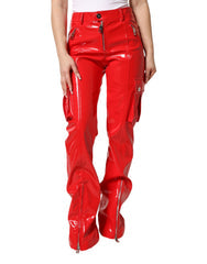 Women's Red Glossy Polyester Cargo Boot Cut Pants 08+pl+pu