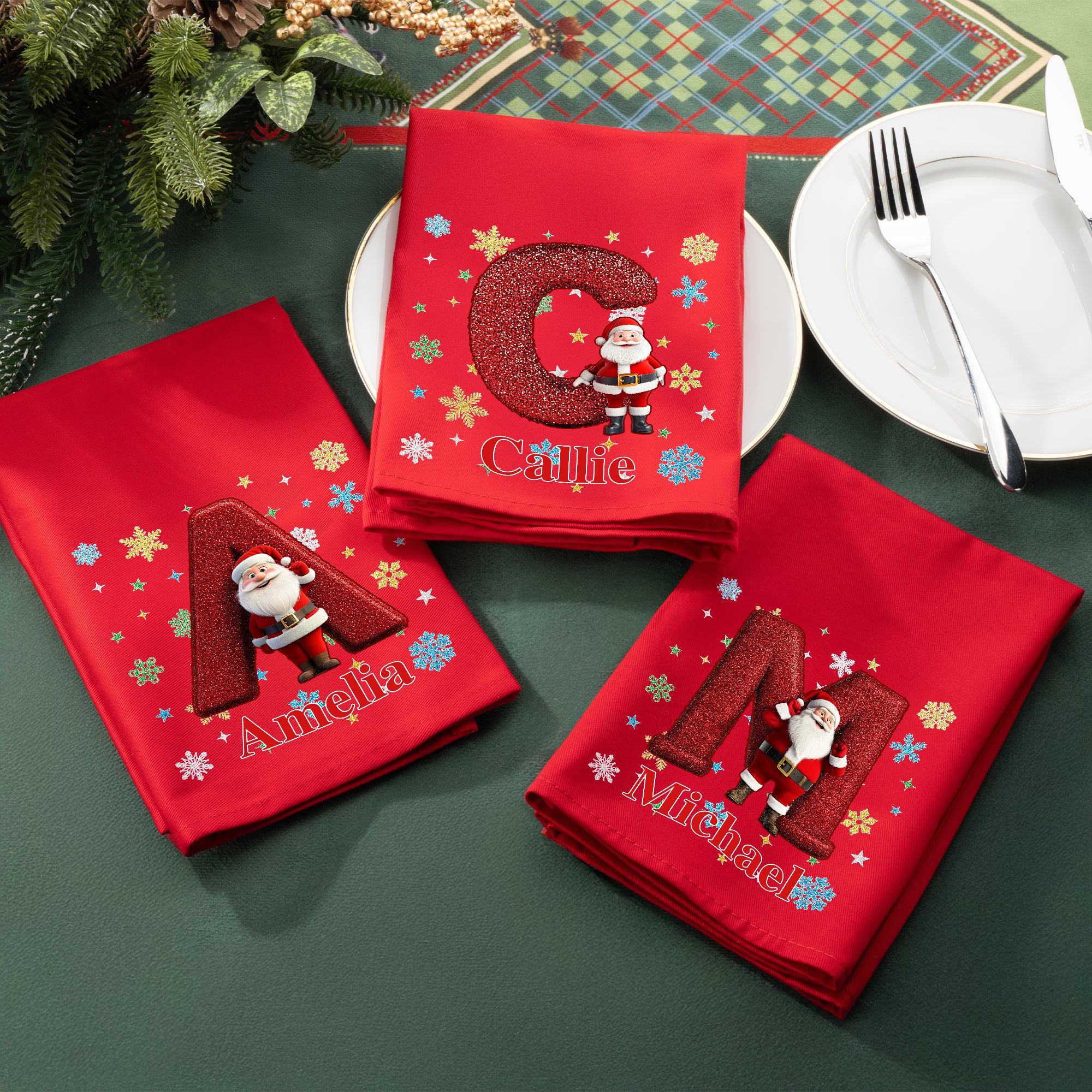 Servilleta reutilizable 100% algodón con nombre Copo de nieve 3D Dibujos Papá Noel Iniciales Decoración de mesa Regalo de Navidad para la familia