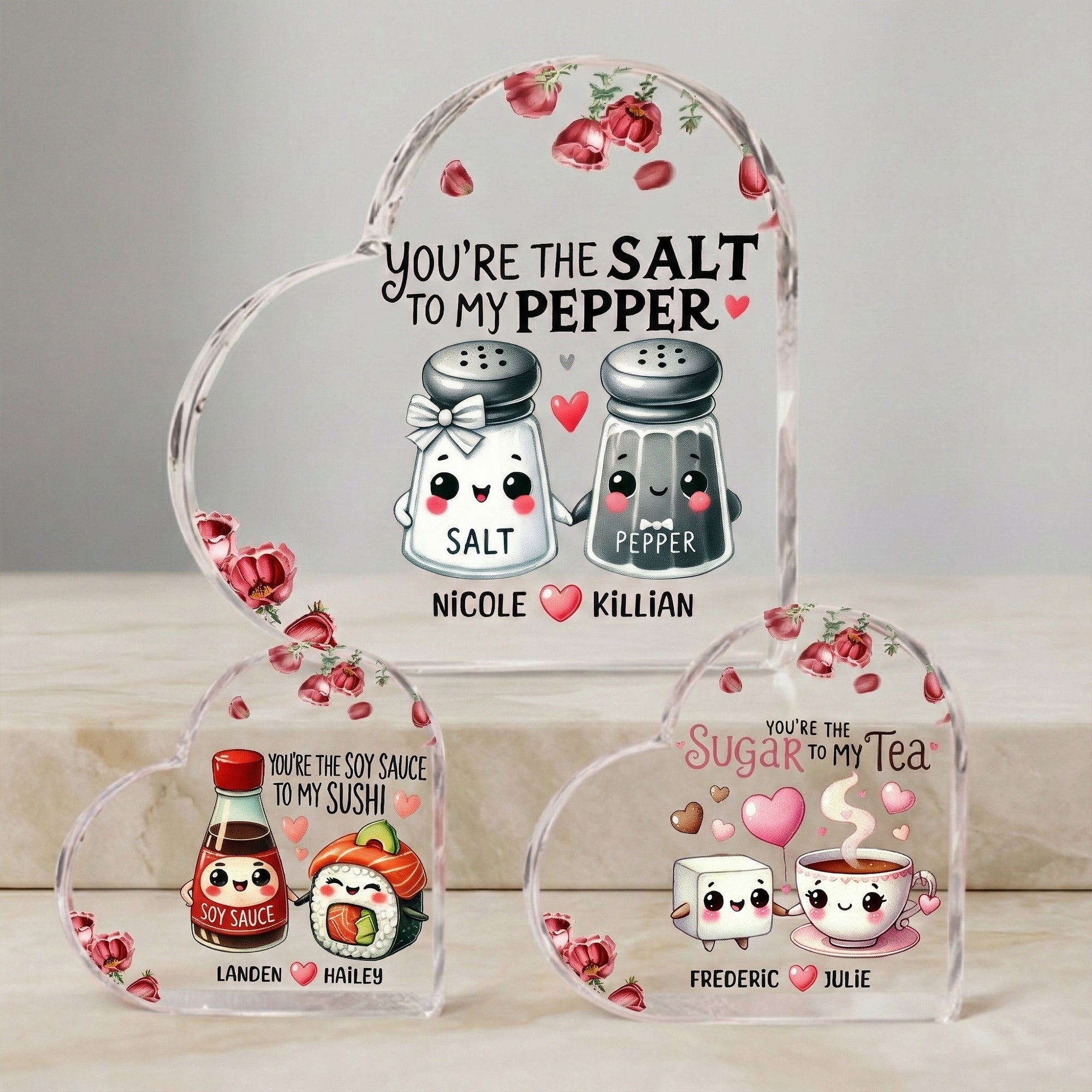 Personalizado Rose Match Foodie Pareja Corazón Placa de acrílico con nombres Comedor Decoración Día de San Valentín Aniversario Regalo para Parejas