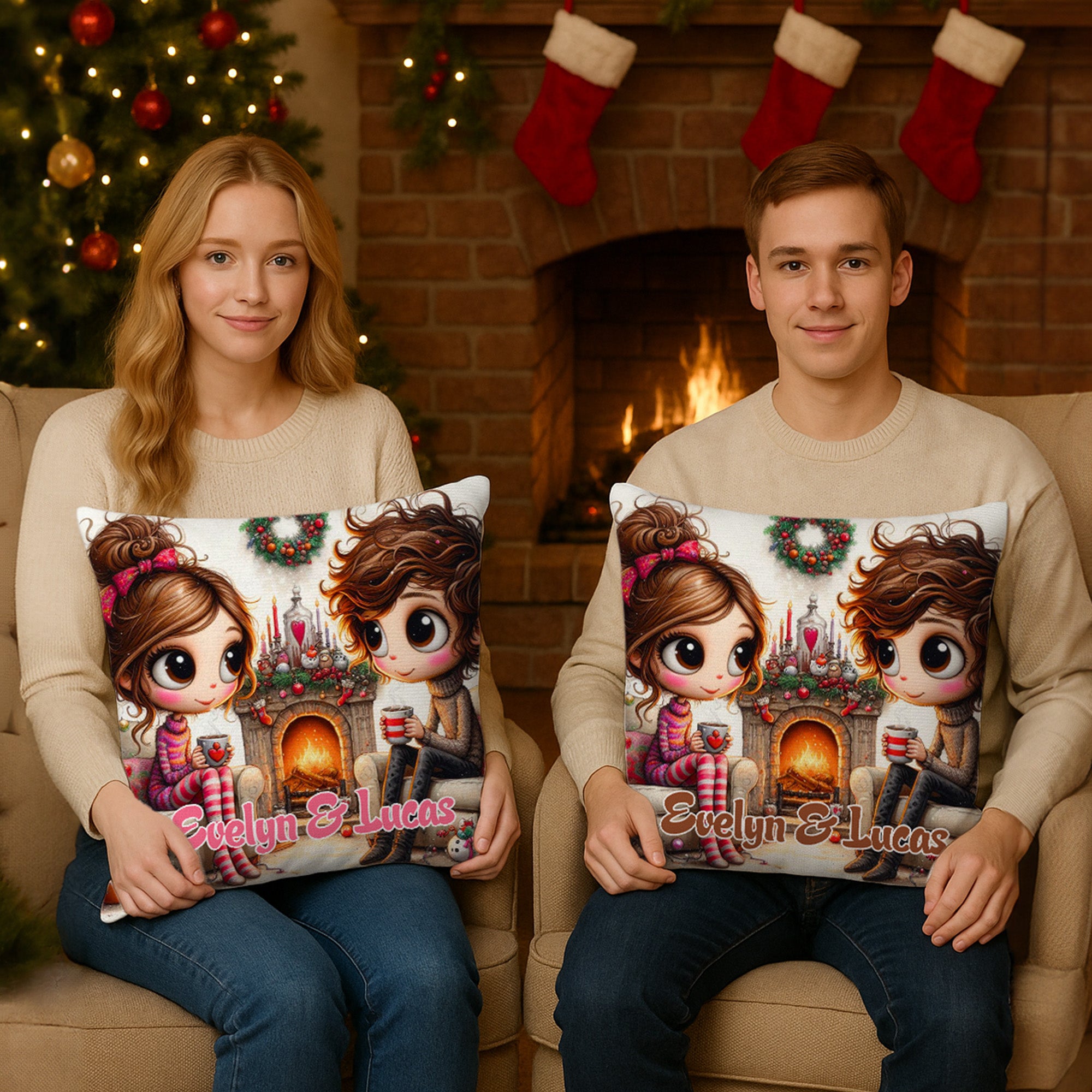 Personalizada Navidad Pareja Personajes de dibujos animados Funda de almohada con nombre Decoración del hogar Navidad Cumpleaños Regalo para Pareja Esposa Marido