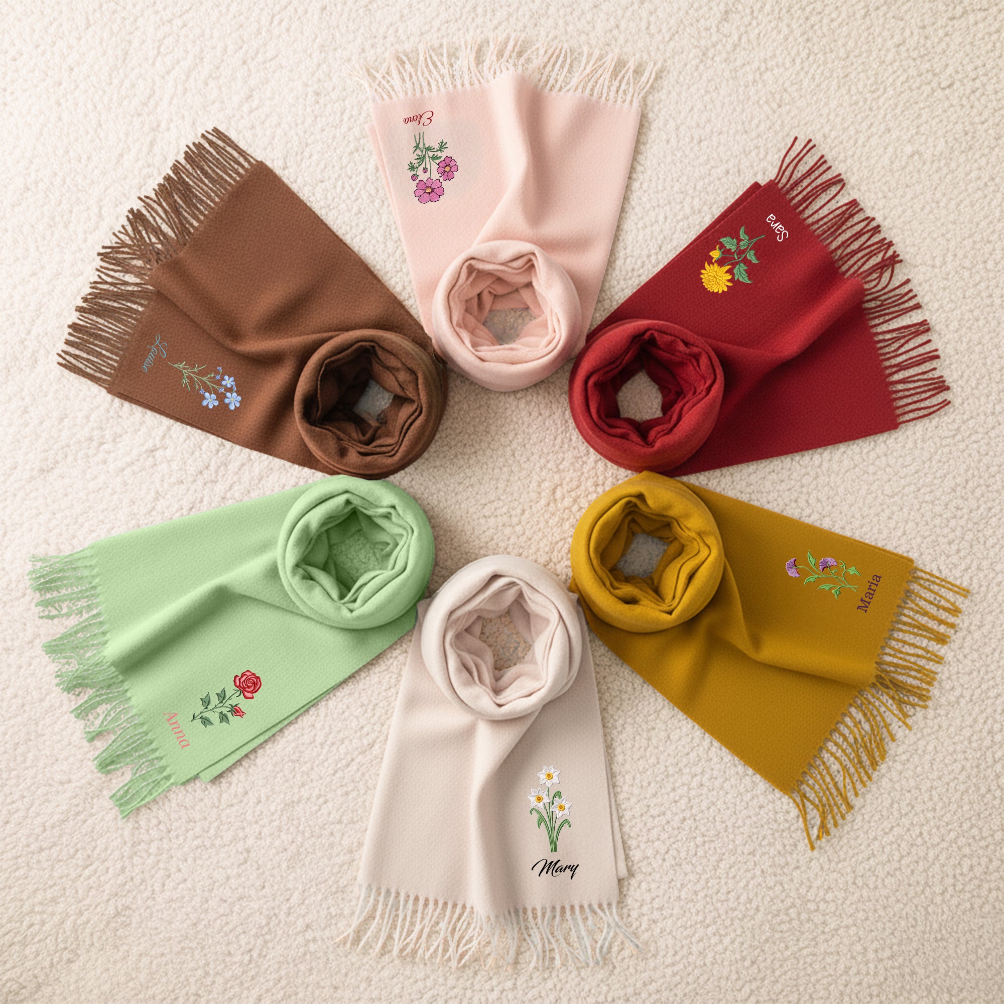 Personalizada Colorido Bordado Flor de Nacimiento Suave Bufanda de borla caliente con el nombre Aniversario Cumpleaños Regalo de Navidad para Mujeres Hombres