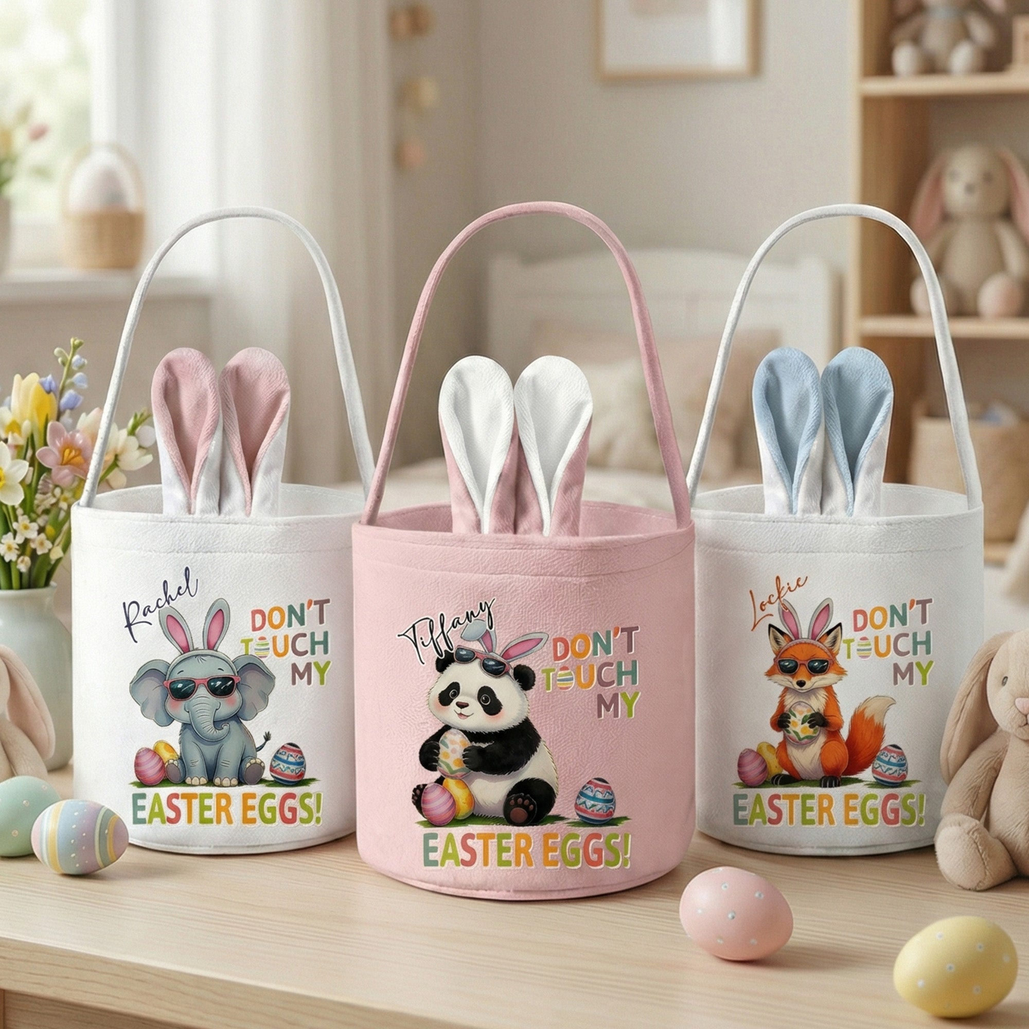 Cesta de Pascua personalizada de dibujos animados No toques mis huevos de Pascua con nombre Orejas y cola de conejito Fiesta de Pascua de caza de huevos de Pascua Regalo para niños