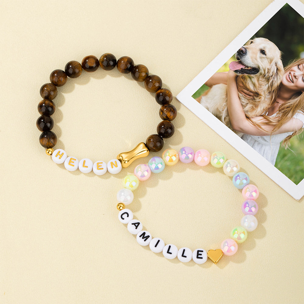 Personalizado Corazón de hueso pulsera de cuentas elásticas con el nombre de la joyería del animal doméstico regalo de cumpleaños para perro mamá perro papá amante de las mascotas