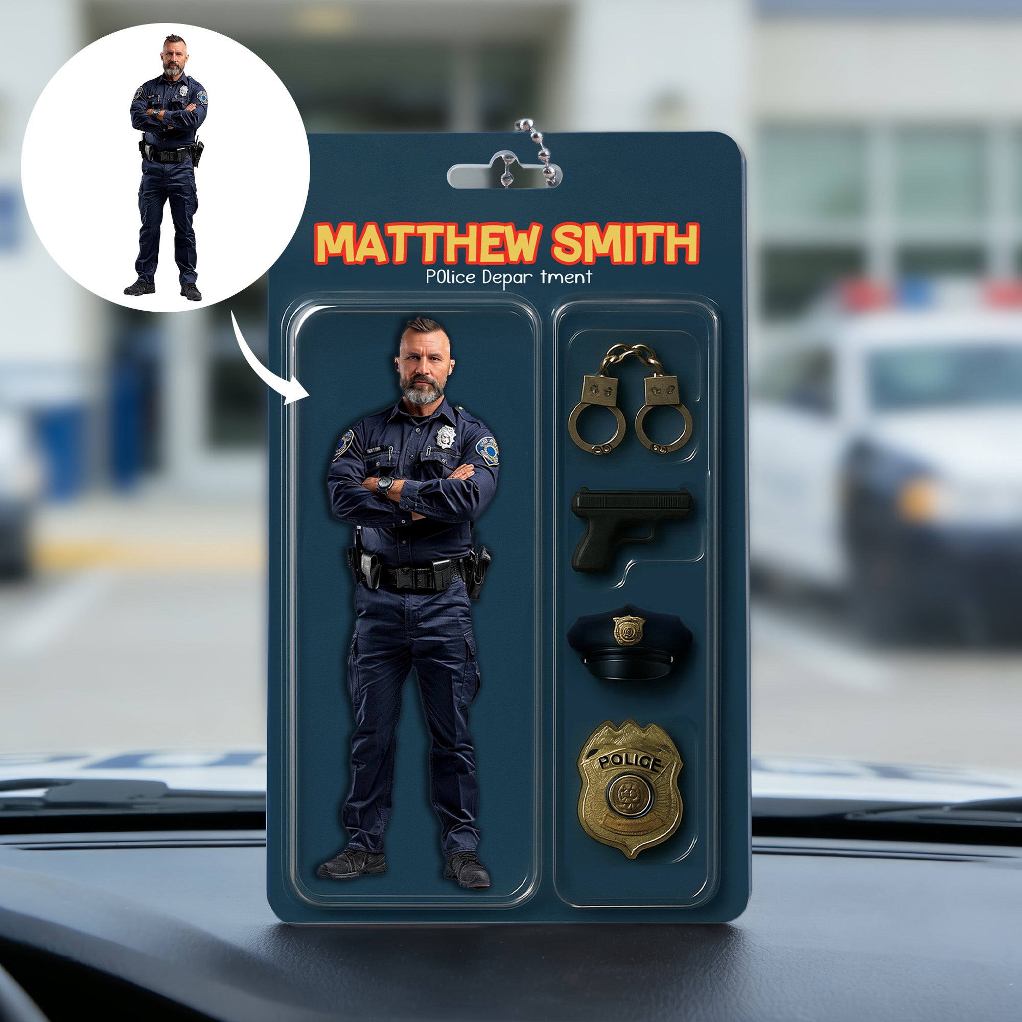 Llavero Acrílico Personalizado con Foto Efecto 3D Dibujo Animado Bombero Policía con Cargo y Nombre de Departamento Regalo de Cumpleaños para Bombero Policía