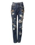 Women's Blue Cotton Rhinestone Embellish Denim Jeans Co+01 Clothing