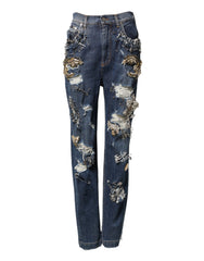 Women's Blue Cotton Rhinestone Embellish Denim Jeans Co+01 Clothing