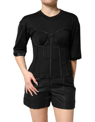 Women's Black Cotton Bustier Corset Short Sleeves T-Shirt Co+se