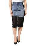 Women's Blue Black Cotton Denim Sheer Midi Skirt Co+pa