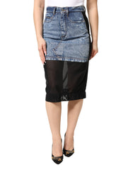 Women's Blue Black Cotton Denim Sheer Midi Skirt Co+pa