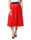 Women's Glossy Red Polyester High Waist Midi Skirt 05+co+pl+vi