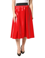 Women's Glossy Red Polyester High Waist Midi Skirt 05+co+pl+vi