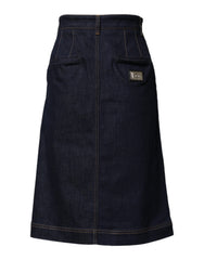 Women's Dark Blue Cotton A-Line Denim Midi Skirt Co+03