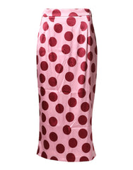 Women's Pink Polka Dot Silk Pencil Cut Midi Skirt 04+se