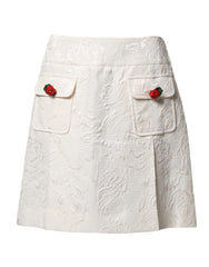 Women's White Floral Brocade High Waist Mini Skirt Co+se+vi