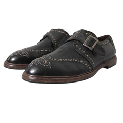 Men's Black Leather Monk Strap Studded Dress Shoes Calfskin