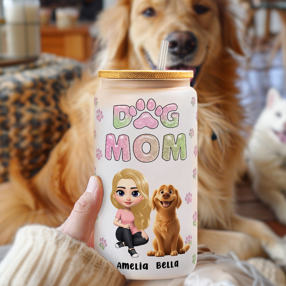 Personalizado Perro Mamá 3D Cartoon Personaje y 1-4 Perros 20 oz Esmerilado Taza de vidrio con tapa y pajita Regalo de cumpleaños para las mujeres amantes del perro