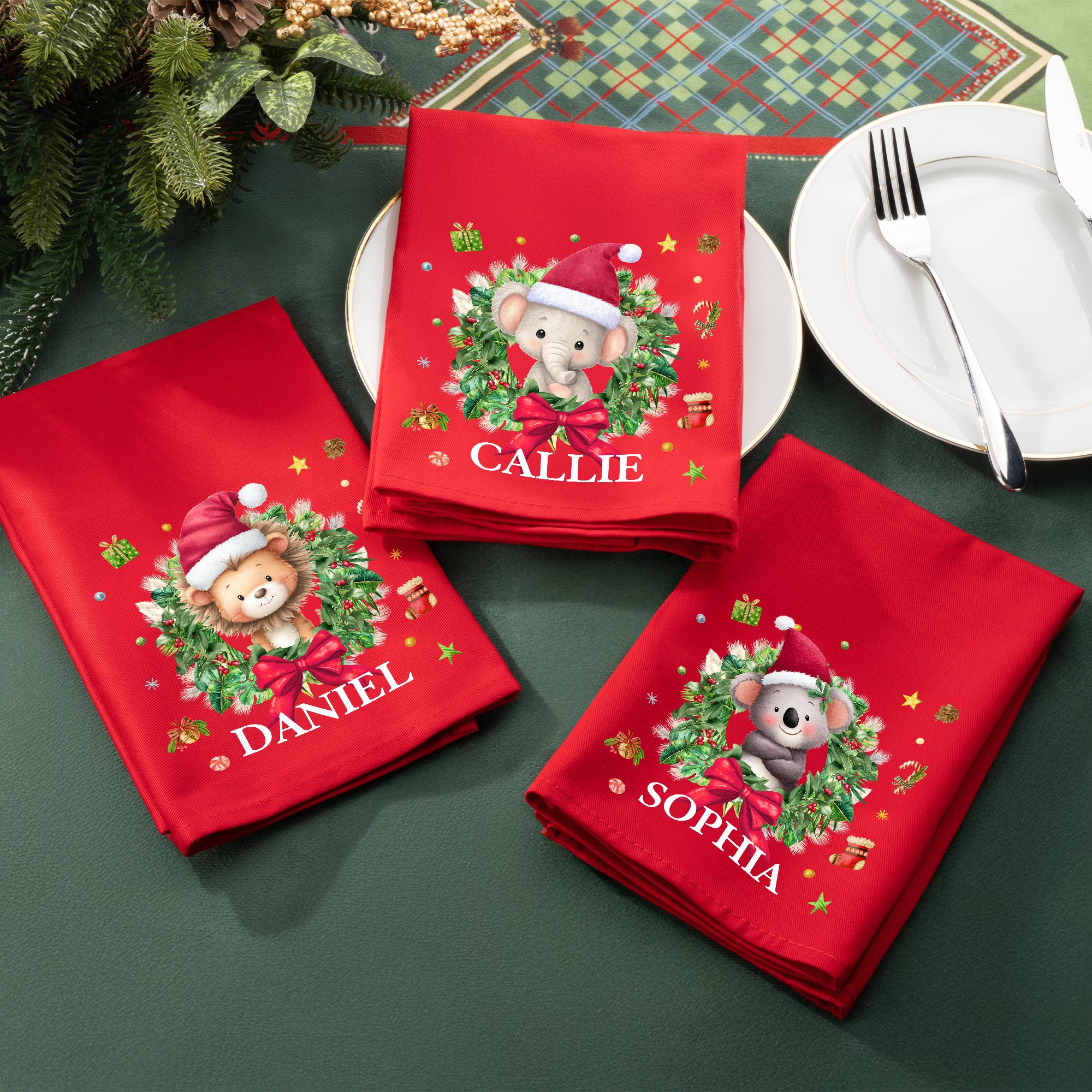 Personalizada de dibujos animados Animales de Navidad Corona 100% algodón rojo Servilleta de mesa con nombre Decoración de mesa Regalo de Navidad para la familia amigo