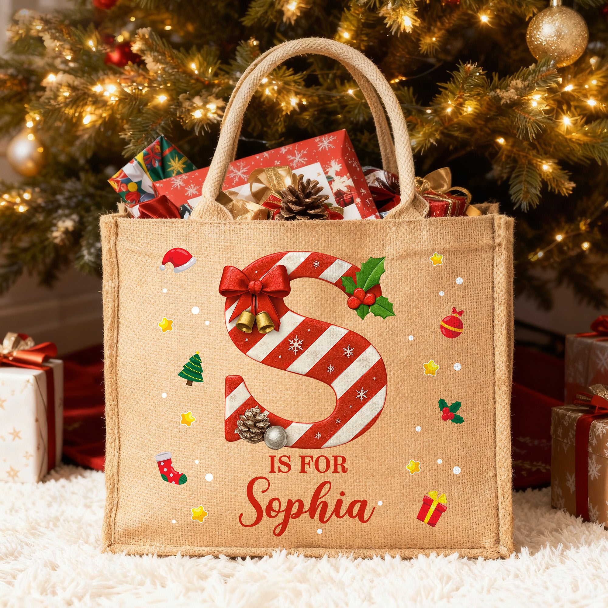 Bolsa de yute grande personalizada con iniciales de bastón de caramelo y nombre Regalo de Navidad para amigos Familia