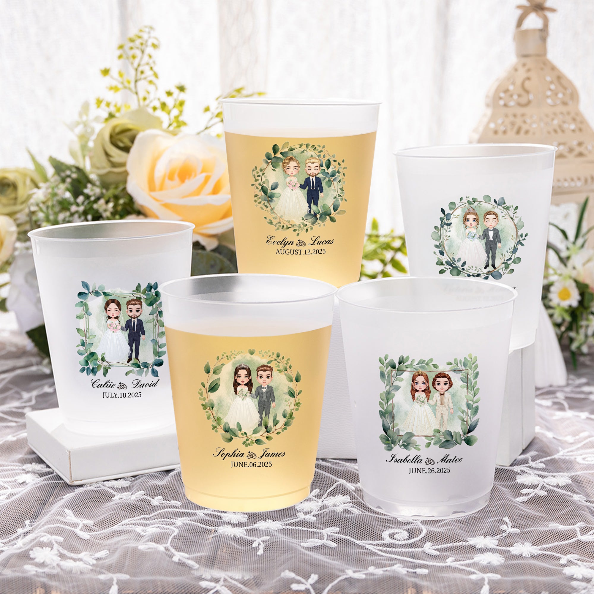 Vaso de plástico esmerilado para uso alimentario con nombre y fecha Juego de 10 regalos de aniversario de boda para recién casados