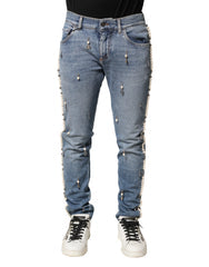 Men's Blue Embellished Cotton Skinny Denim Jeans Co+02 Clothing