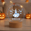 Toile De Jouy Espeluznante Fantasma Calabaza LED Luz de Noche con Nombre y Base de Madera Decoración del Hogar Regalo de Halloween para Niños Familia