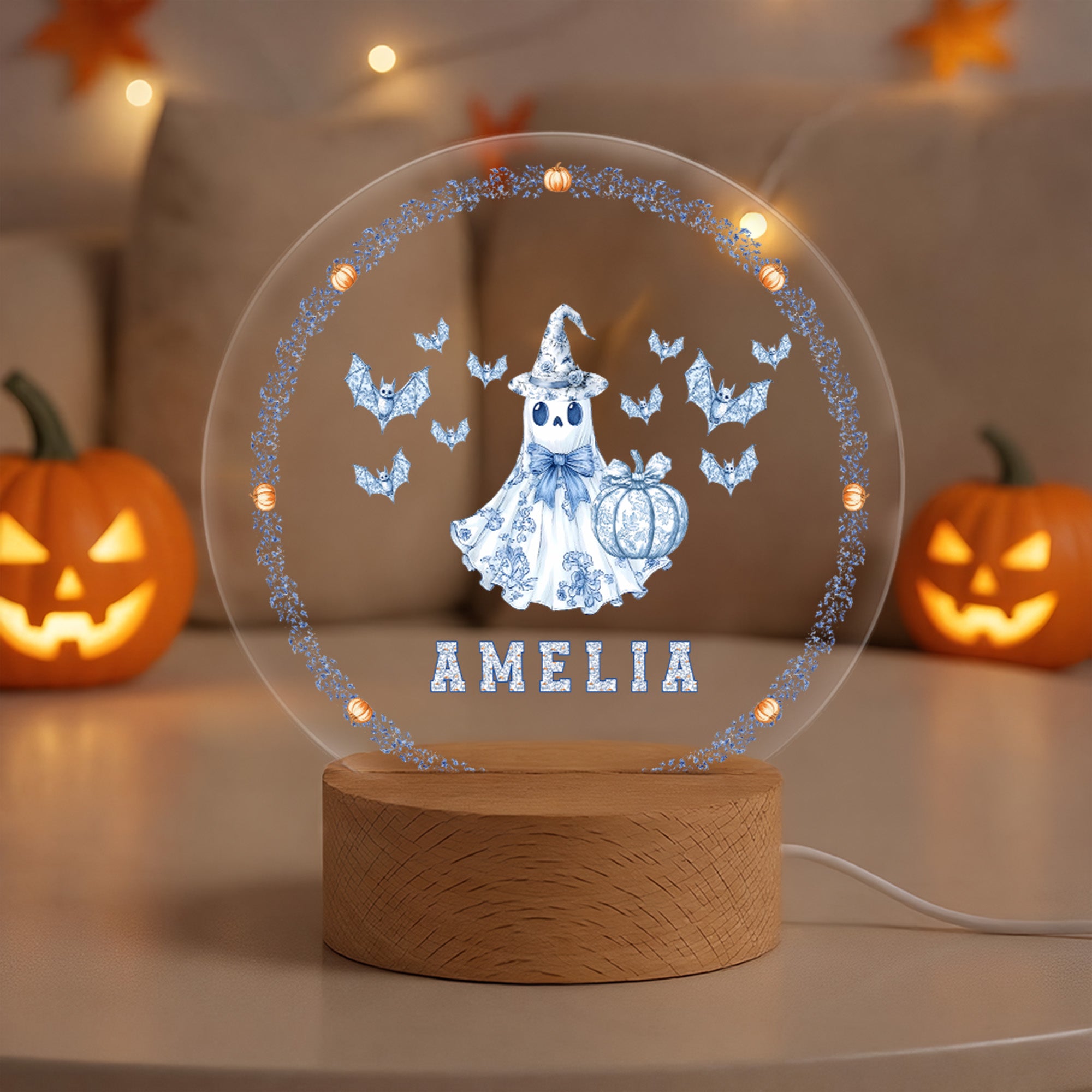 Toile De Jouy Espeluznante Fantasma Calabaza LED Luz de Noche con Nombre y Base de Madera Decoración del Hogar Regalo de Halloween para Niños Familia