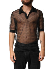 Men's Black Sheer Short Sleeves Casual Polo Top 03+pa+pp