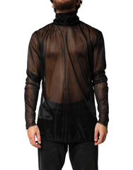 Men's Black Sheer Long Sleeves Turtleneck Top