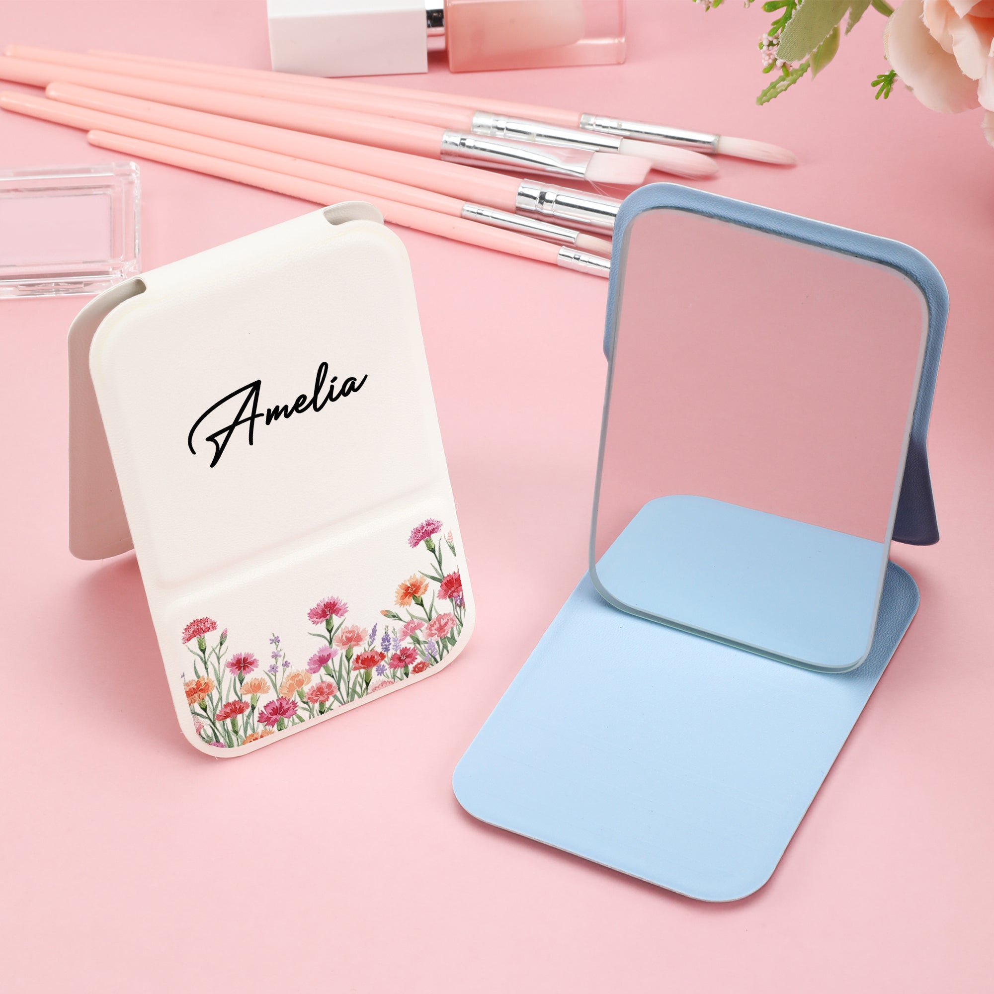 Personalizado acuarela nacimiento flor PU cuero plegable espejo de maquillaje con nombre de viaje esencial regalo de cumpleaños para las mujeres Besties