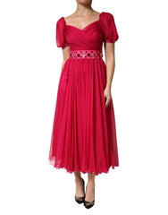 Women's Pink Silk Embellished A-Line Midi Dress