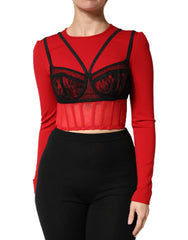 Women's Red Black Nylon Bralette-Style Cropped Top And 06+pa+vi