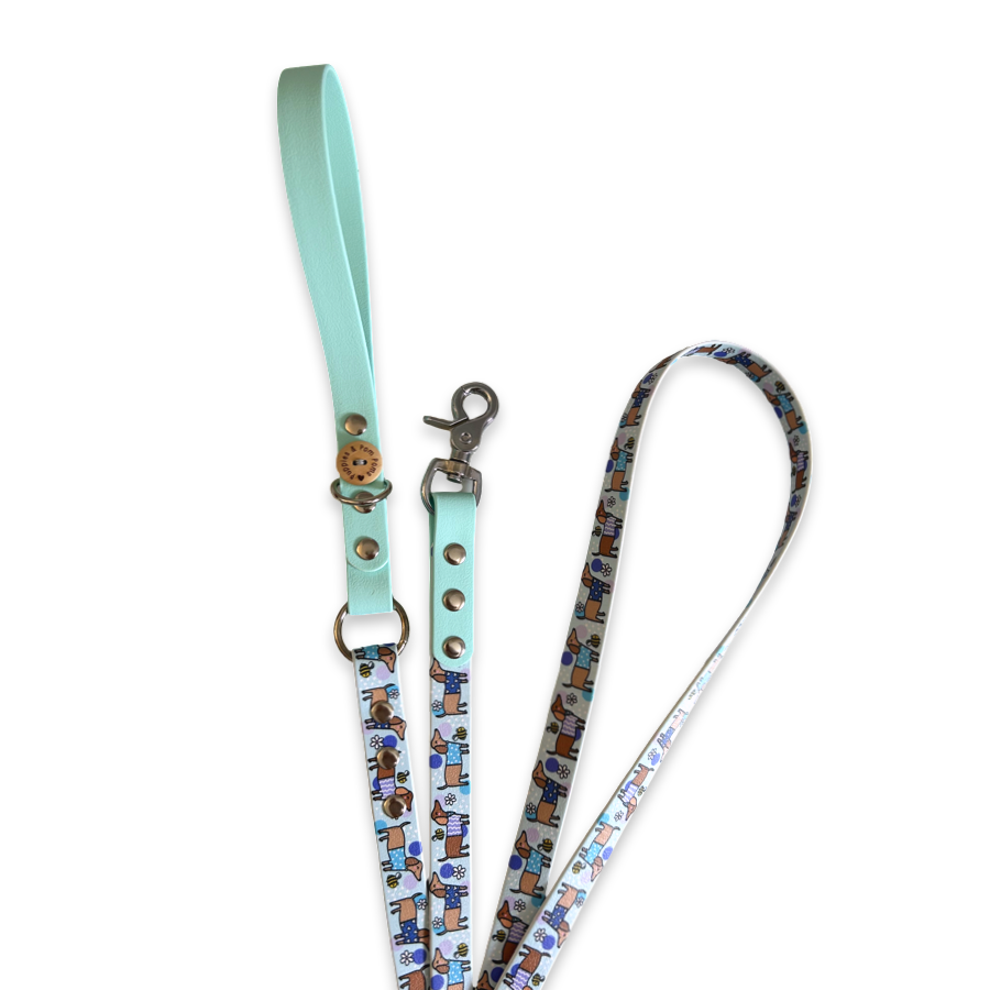 Handmade Vegan Leather Dog Leash - Bee Happy Dachshunds - Blue