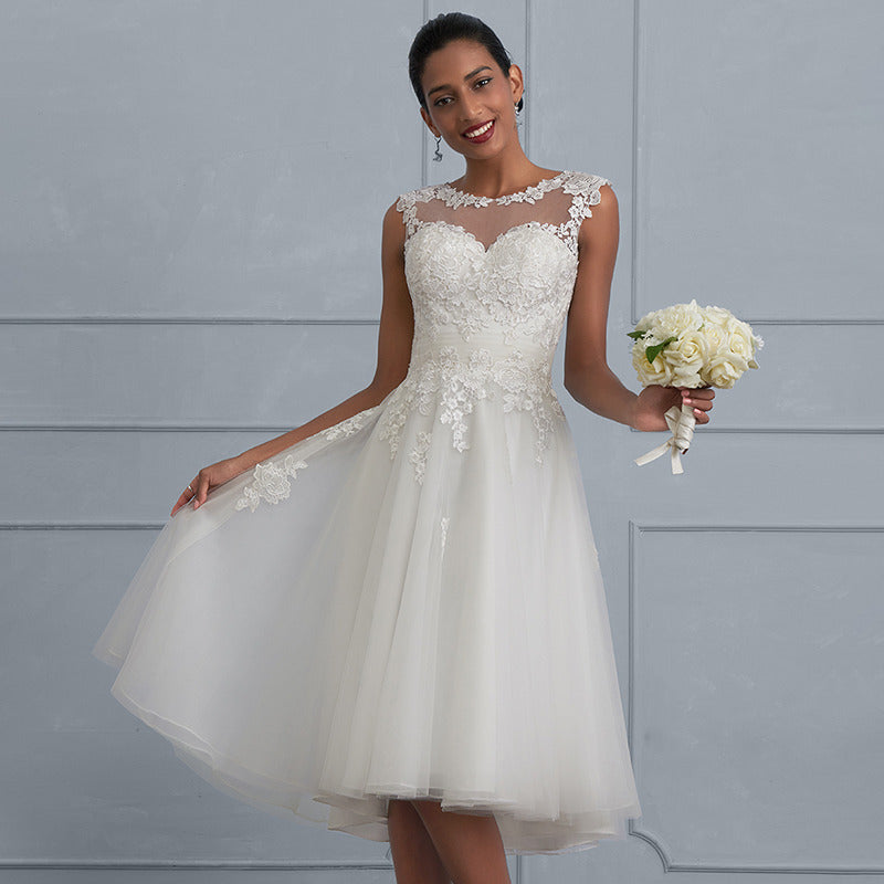 Bridal Wedding Dress Ivory Sleeveless Asymmetrical Illusion A-line