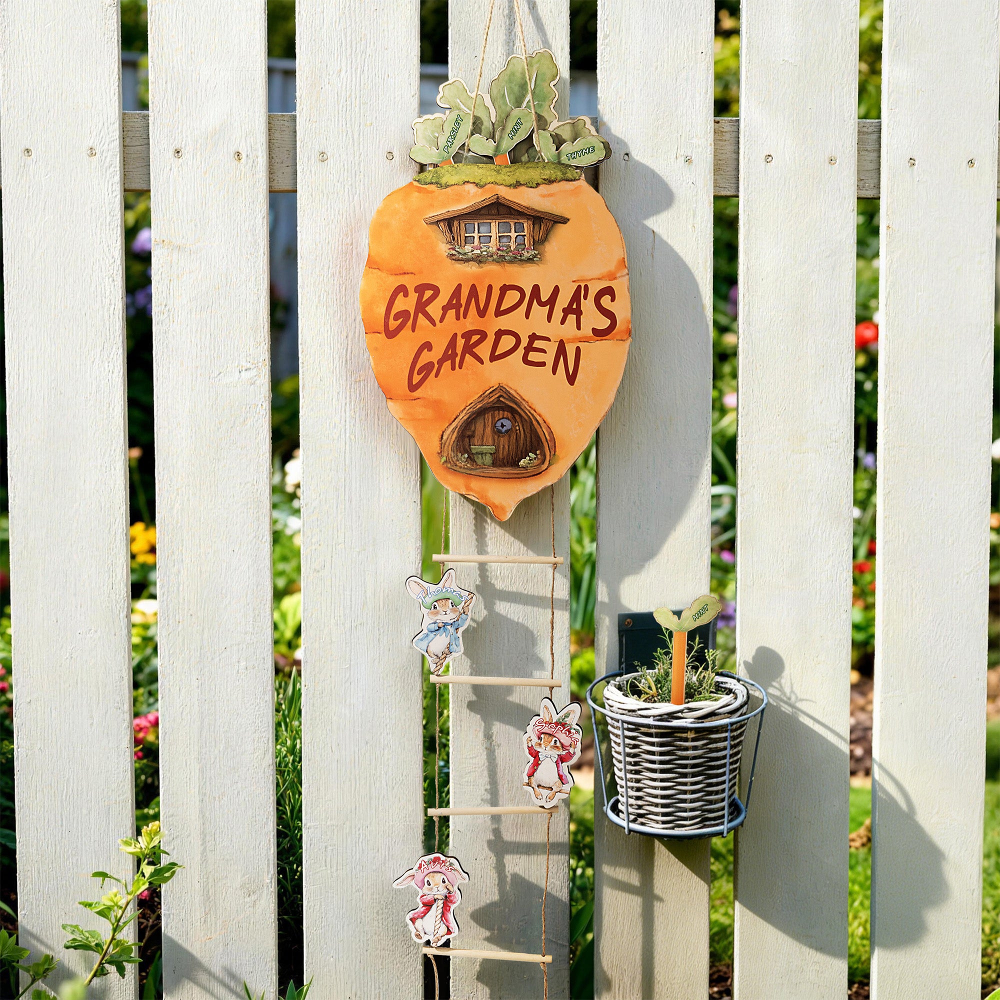Personalizado de madera 2-8 Peter Conejos Zanahoria Casa Jardín Signo con Nombres Jardín Decoración Housewarming Cumpleaños Regalo para Abuelo Abuela
