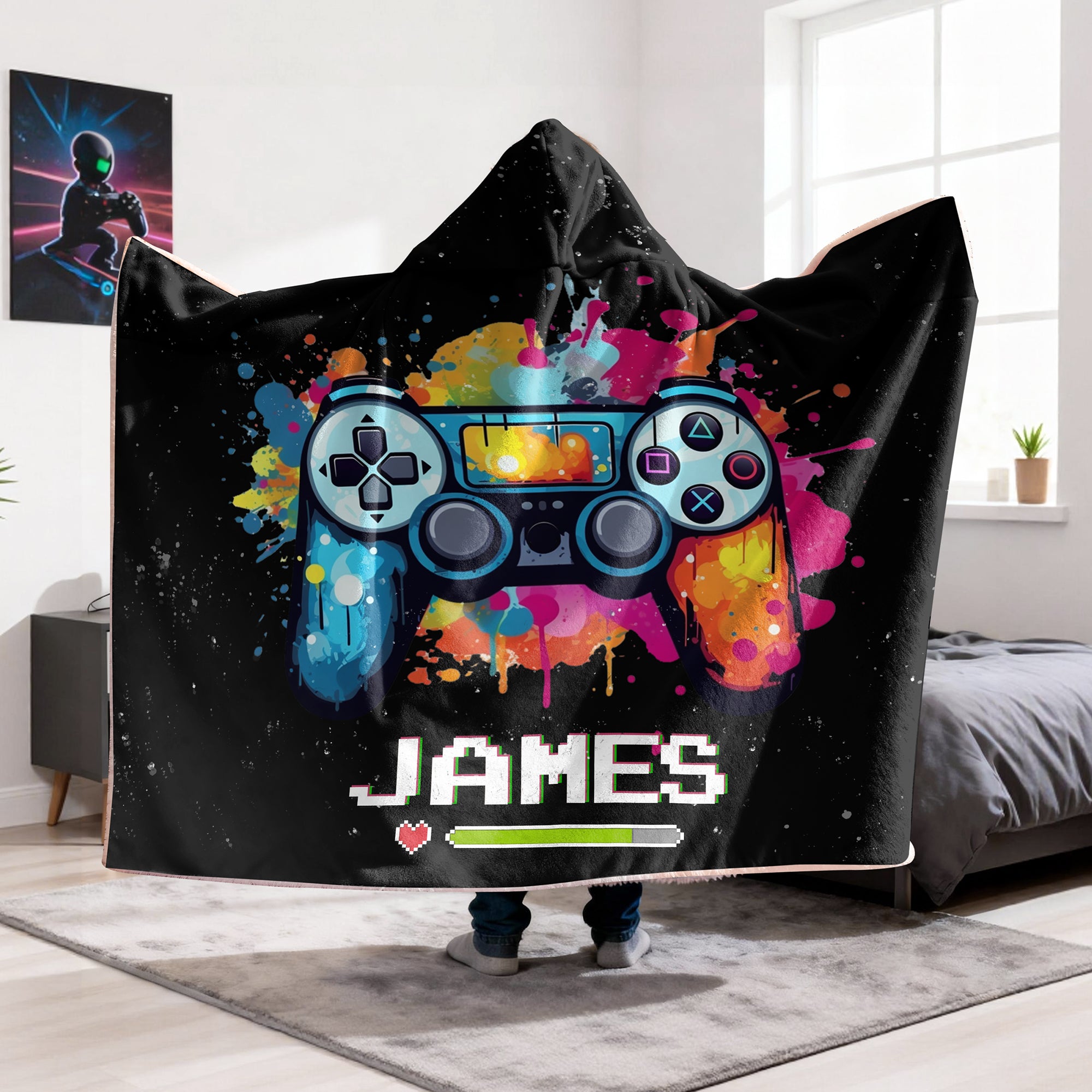 Gamepad personalizado Splatter Paint Manta suave con capucha y nombre Decoración del hogar Cumpleaños Regalo de Navidad para niños amantes de los juegos